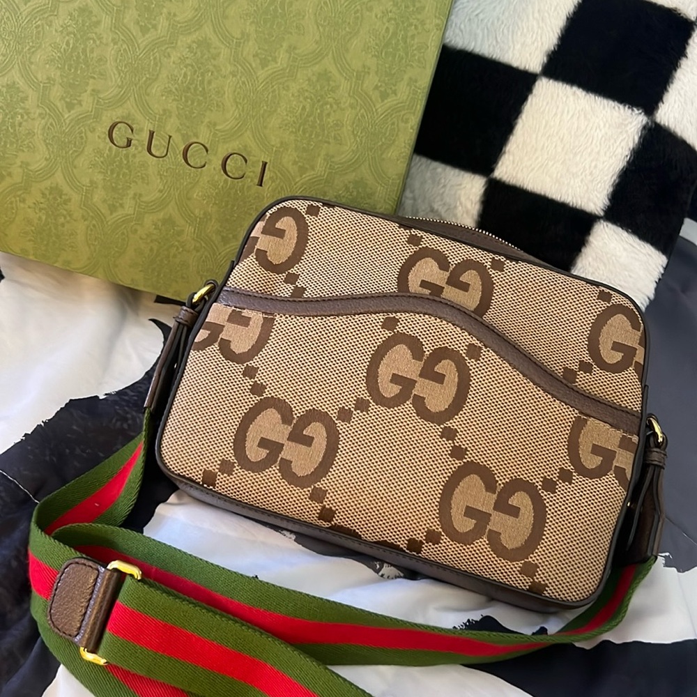 Gucci Monogram Jumbo Textured Dollar Calfskin Web Messenger Shoulder Bag !